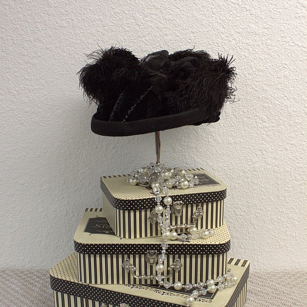 Vintage Hat Edwardian Antique Hat Black Hat 1800s Millinery of Velvet Ostrich Feathers Glass Beads Silk Tulle