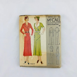 Naaipatroon Art Deco jaren 1930 Vintage McCall 6806 Misses &#39; Dress Buste 34 Maat 16 jaren 30 30 Dress Pattern Factory Gevouwen