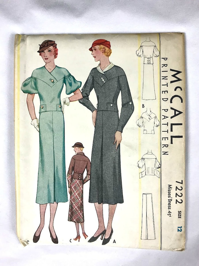 Sewing Pattern 1930's Vintage McCall 7222 Misses' Dress Bust 30 Size 12 Thirties 30s Art Deco Dress Pattern image 1