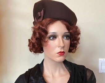 1940’s style Hat Brown Wool Tilt Chapeau Bow 1960's Starfire New York Millinery Mid Century