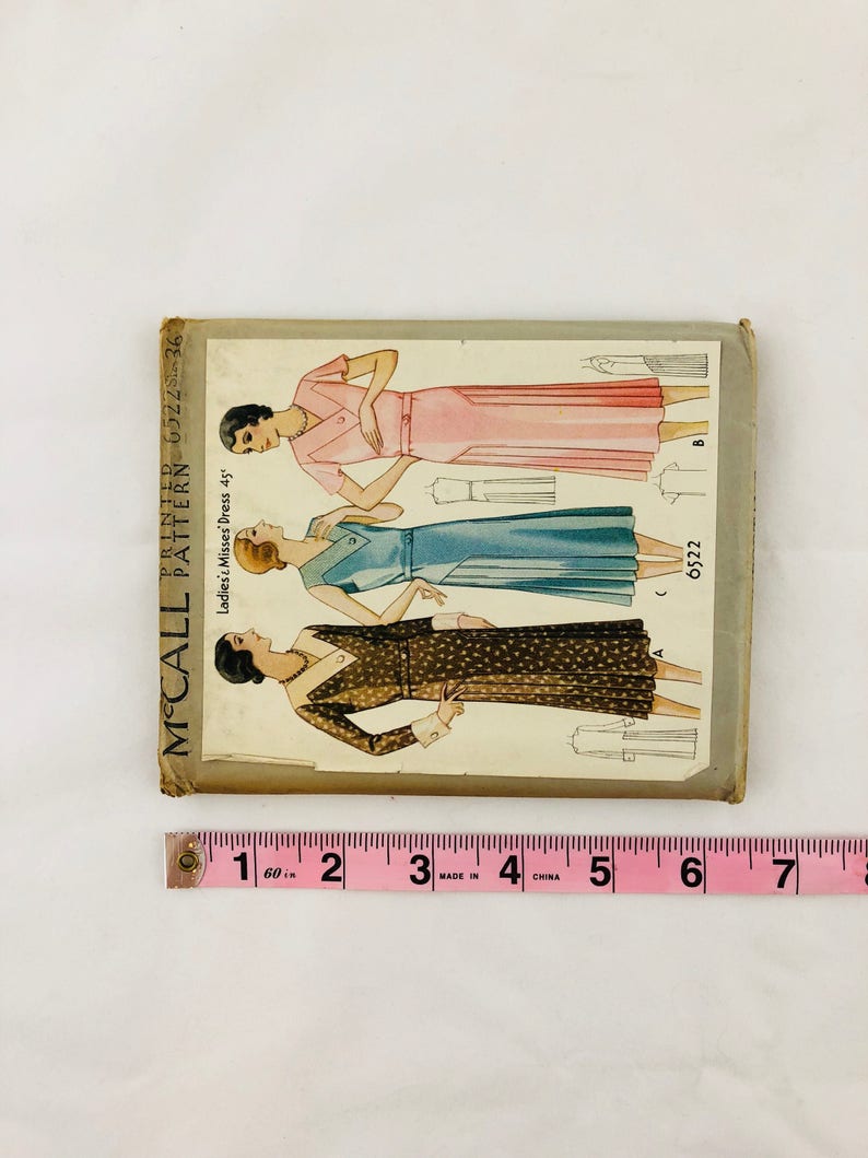 Sewing Pattern Art Deco 1930s Vintage McCall 6522 Misses/' Dress Bust 36 Hip 39 Thirties 30s Dress Pattern Factory Folded