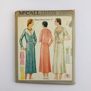 NOS Art Deco 1930s Sewing Pattern Vintage McCall 6528 with Scarf Misses' Dress Bust 34 Size 16 Thirties 30s Dress Pattern Factory Folded