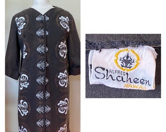 Shaheen Dress Vintage Pinup TeaTimer  Tea Timer Tiki Style Black Hawaiian 1960's Bust 38 40 Size 10 12 Loose fitting cheongsam or qipao