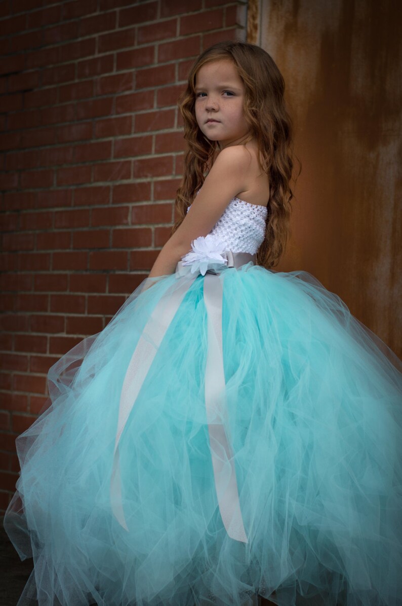Elegant Turquoise Couture Flower Girl Dress W/ a Silver Sash Etsy