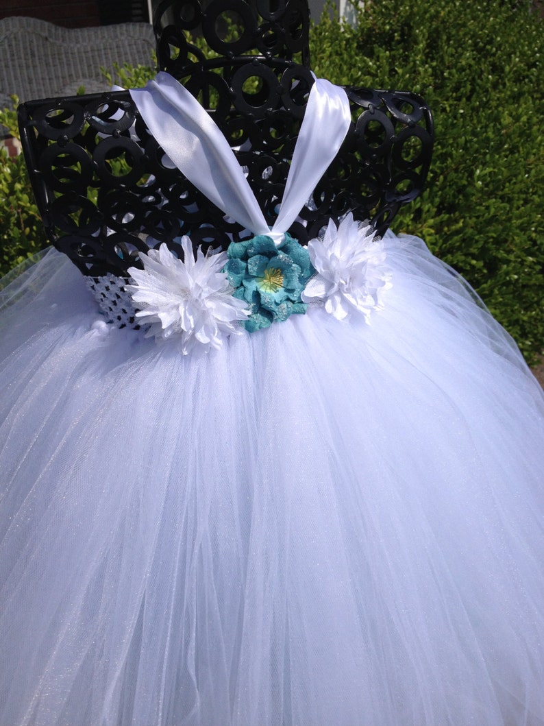 White with slight Aqua Blue accents Couture Flower Girl Tutu Dress Shabby Chic Wedding Rustic Wedding Country Wedding