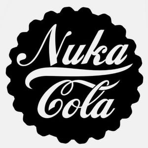 May include: A black and white graphic featuring the text "Nuka Cola" in a stylized font. The text is set against a black, scalloped-edge background, resembling a bottle cap. The design is simple yet bold.