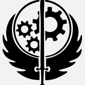 May include: Black and white emblem featuring a stylized sword bisecting a circle with three gears. Wings extend from the circle's sides. The design is a bold, graphic representation, suitable for various applications.