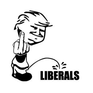 May include: Black and white cartoon illustration of a figure giving the middle finger. The figure is urinating, with the word "LIBERALS" in bold, black letters below.