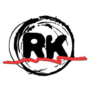 May include: Black and white logo featuring the letters "RK" inside a circular, brushstroke-style design. A red, wavy line underlines the letters. The logo is set against a white background.