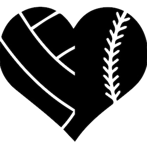 May include: A black and white graphic of a heart shape. One half of the heart is a volleyball, and the other half is a baseball. The baseball half has white stitching.