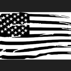 May include: Black and white distressed American flag design. The flag features 50 white stars in a black rectangle and black and white stripes. The design has a worn, brushstroke effect.