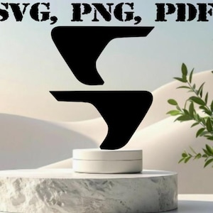 May include: Black abstract design on a white pedestal, with the text "SVG, PNG, PDF" at the top. The design is a stylized, symmetrical shape. The background is a light, neutral color with a plant on the right side.