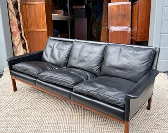 Vintage Danish Leather Sofa Black with Winged Armwrest in the manner of Finn Juhl Hans Olsen