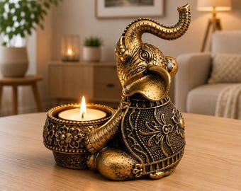 Elephant Candle Holder Statue | Lucky Elephant Tealight Holder | Gold or White Home Decor Gift