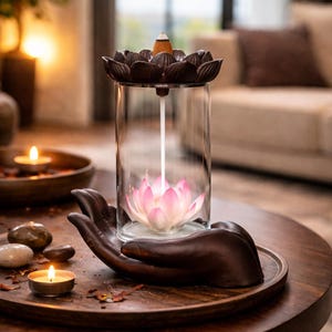 May include: A decorative incense burner with a lotus flower design. The burner features a clear glass cylinder, a pink lotus flower, and a dark brown lotus-shaped lid. The base is a hand-shaped sculpture. Candles and stones are on the wooden table.