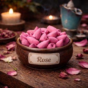 May include: A brown ceramic bowl filled with pink rose incense cones. The bowl has a label that reads "Rose". Rose petals and lit candles are in the background, creating a relaxing atmosphere.