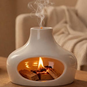 Puede incluir: Un difusor de aceite de cerámica blanca con forma de chimenea con una llama encendida y trozos de madera en el interior. El humo se eleva desde la parte superior. El difusor tiene una abertura ovalada y se encuentra sobre una superficie de madera.