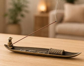 Porta incenso Zen a forma di barca / Bruciatore di incenso in metallo con statuetta / Decorazione per la meditazione e regalo spirituale