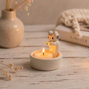 Portacandele in ceramica a forma di gatto / Decorazione per la casa con gattino accogliente, regalo per amanti dei gatti