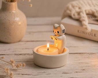 セラミック製猫型ティーライトホルダー｜居心地の良い子猫のホームデコレーション、猫好きへのギフト