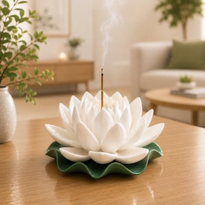Può includere: Un porta incenso in ceramica bianca a forma di fiore di loto poggiato su una base a forma di foglia di ninfea verde. Un sottile bastoncino di incenso marrone è posizionato al centro del fiore, emettendo un filo di fumo bianco verticale.