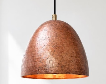 Handmade Hammered Copper Pendant Light, Bell Shaped Hanging Lamp, Rustic Kitchen Island Lighting