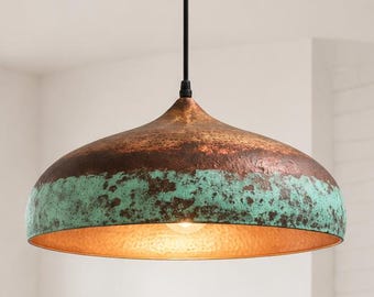 Oxidized Copper Dome Pendant Light: Green Patina Farmhouse Lighting