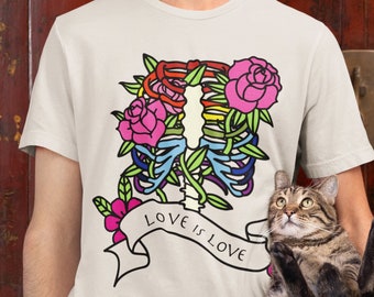 Whimsigoth Subtle Pride Goth Romance Love is Love Rainbow Skeleton Unisex Jersey Bella Canvas 3001 Cotton Short Sleeve Tee