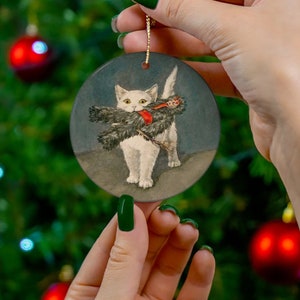 Krampus Ornament Krampus Doll Winter Solstice White Cat Ornament Cat with Krampus Ceramic Ornament, Circle, Heart, Star, Snowflake Shapes image 1