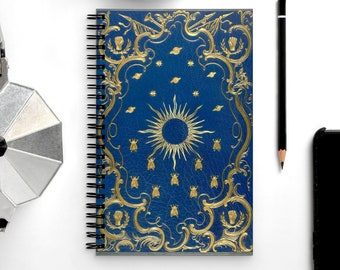 Mystery School Stars Planets Bees Big Ideas Wood of London Blue Gold Oddities and Curiosities Spiral dot grid notebook