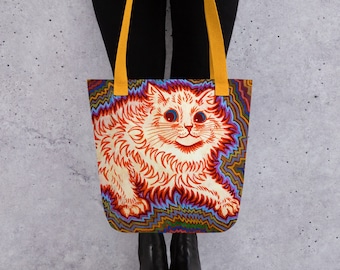 Louis Wain Cat Themed Gifts Psychedelic Purrs Stay Golden Big Eye Cute Retro Vintage Tote bag