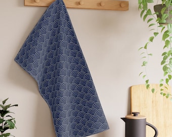 Japanese Indigo fabric Japanese Waves Seigaiha Pattern Indigo Blue Ocean Waves Cotton Kitchen Tea Towel 18" x 30"