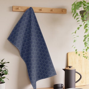 Japanese Indigo fabric Japanese Waves Seigaiha Pattern Indigo Blue Ocean Waves Cotton Kitchen Tea Towel 18&quot; x 30&quot;