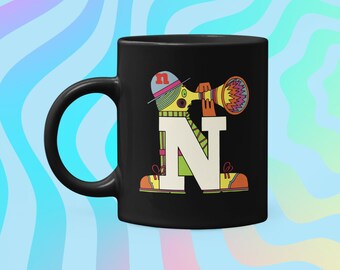 The Letter People N Alphabet People School Nostalgia Musical Psychedelia Single Block Letter Monogram 11oz Glossy Black Mug