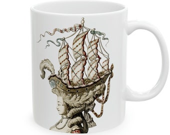 Marie Antoinette Wig Marie Antionette Rococo Dress Ship in a Bottle Marie Antoinette Art Ceramic Coffee Mug 11 oz