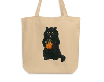 Louis Wain Cats Meow Art Gift Black Cat Pumpkin Eco Organic Cotton Tote Bag