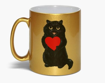 Louis Wain Saint Valentine Cat Themed Gifts Whimisgoth Black Cat Love Heart Sweet Heart Gold Pink Silver Metallic Mugs