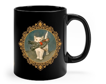 Horror Valentine Viking Decor Saint Valentine Cat Themed Gifts Funny Cat Mug Cat with Krampus 1898 11oz Black Mug