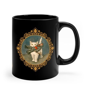 Horror Valentine Viking Decor Saint Valentine Cat Themed Gifts Funny Cat Mug Cat with Krampus 1898 11oz Black Mug image 1