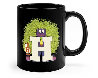 Letter People H Hair Initial Monogram Vintage Retro School Nostalgia 1960s 1970s 11oz Black Mug