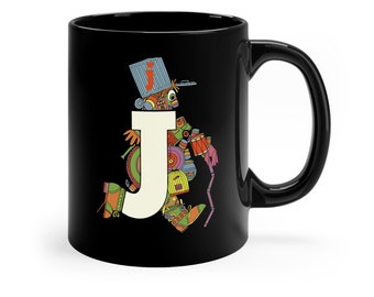 The Letter People J Initial Monogram Vintage Retro School Nostalgia Alphabet ABC 11oz Coffee Tea Black Mug
