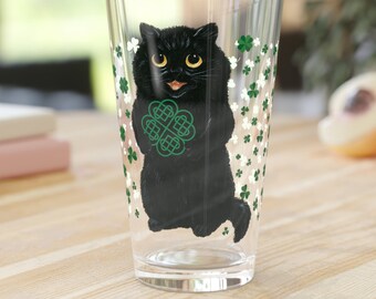 Louis Wain Black Cat Irish Shamrock Clover Shaker Pint Glass, One 16oz glass by Surface Maximus