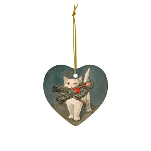 Krampus Ornament Krampus Doll Winter Solstice White Cat Ornament Cat with Krampus Ceramic Ornament, Circle, Heart, Star, Snowflake Shapes Heart