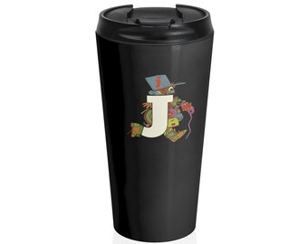Retro Font Oddities and Curiosities  Mr. J The Letter People Stainless Steel Black Travel Mug