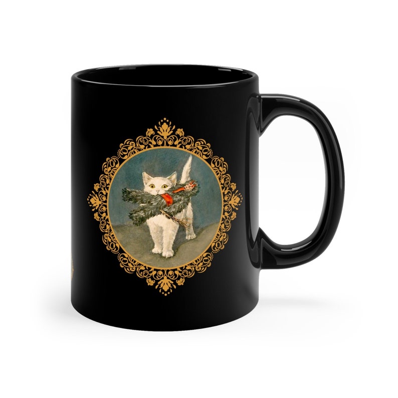 Horror Valentine Viking Decor Saint Valentine Cat Themed Gifts Funny Cat Mug Cat with Krampus 1898 11oz Black Mug image 1