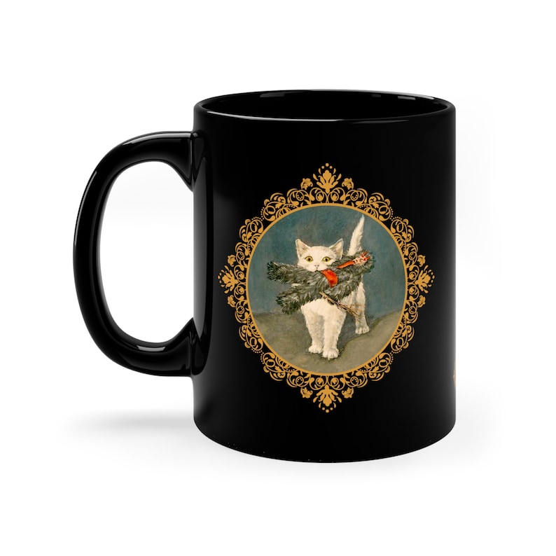 Horror Valentine Viking Decor Saint Valentine Cat Themed Gifts Funny Cat Mug Cat with Krampus 1898 11oz Black Mug image 2