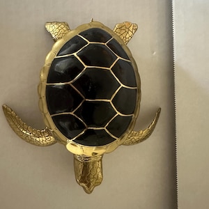 May include: A decorative turtle figurine featuring a polished gold-tone metal head, flippers, and outer shell border. The central portion of the shell is composed of smooth, dark brown, glossy segments separated by thin, raised gold-coloured lines.