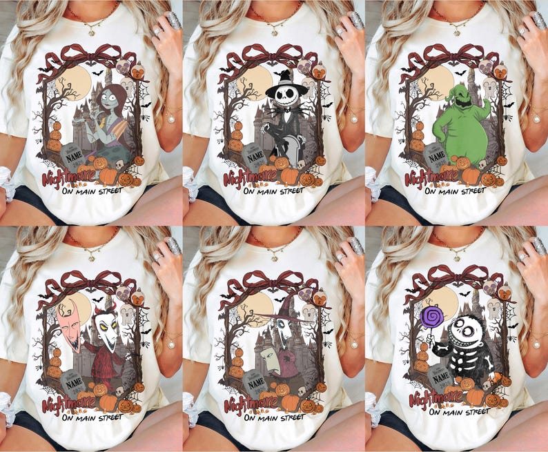 May include: A white t-shirt featuring a graphic print of various characters from The Nightmare Before Christmas, including Sally, Jack Skellington, and Oogie Boogie, framed by a dark tree design with pumpkins and the text Nightmare On Main Street.