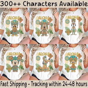 May include: Cream-coloured t-shirts featuring the word "ALOHA" above cartoon characters in tribal outfits. The characters include Donald Duck, Mickey Mouse, Goofy, Minnie Mouse, and Pluto. The text "300++ Characters Available" and "Fast Shipping - Tracking within 24-48 hours" are also visible.