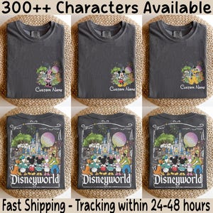 May include: Six gray t-shirts with Disney character graphics. The top row features Minnie Mouse, Mickey Mouse, and Goofy with the text "Custom Name". The bottom row displays a "Disneyworld 1971" design.